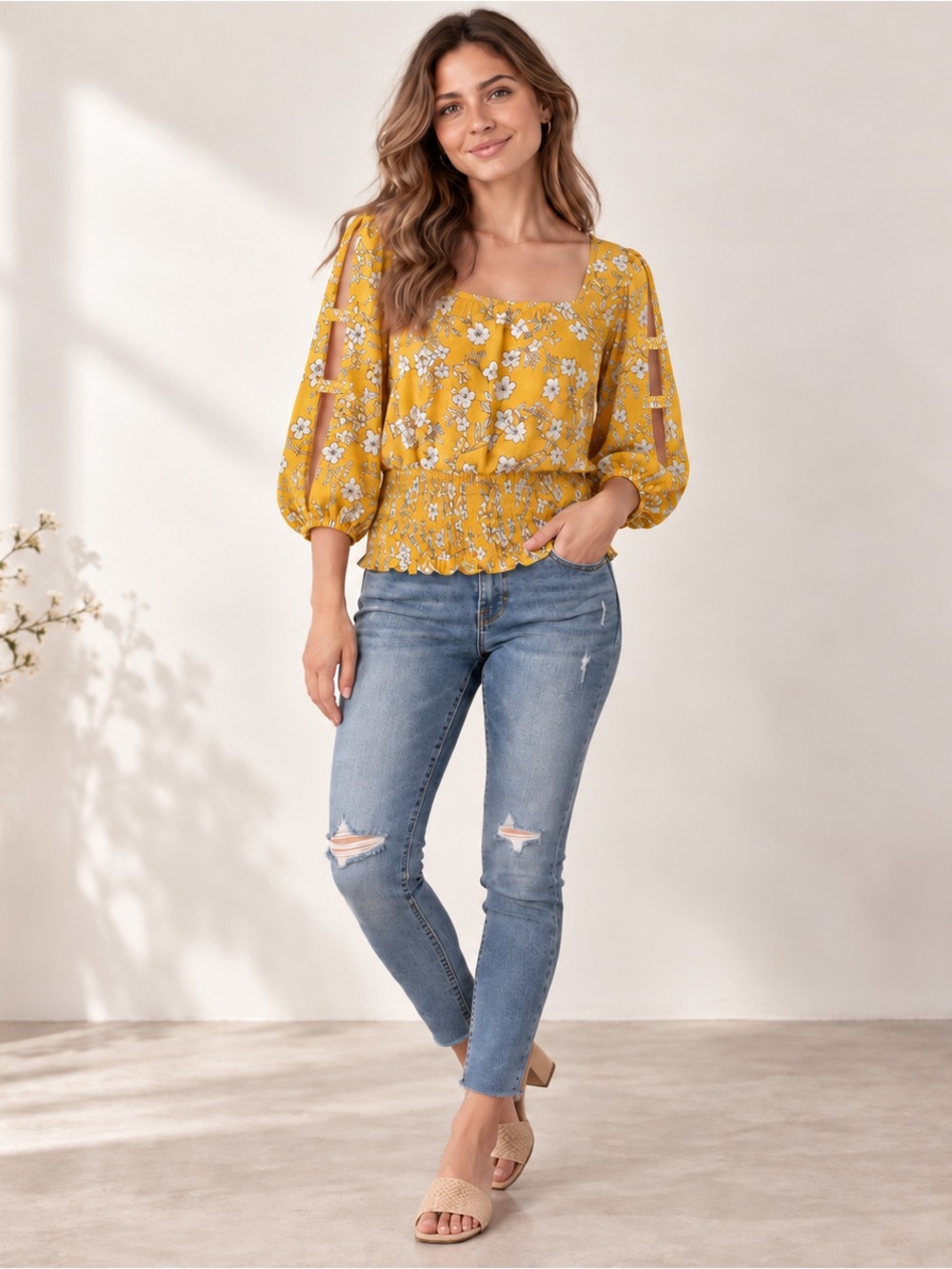 Yellow Floral Square-Neck Smocked Peasant Top
